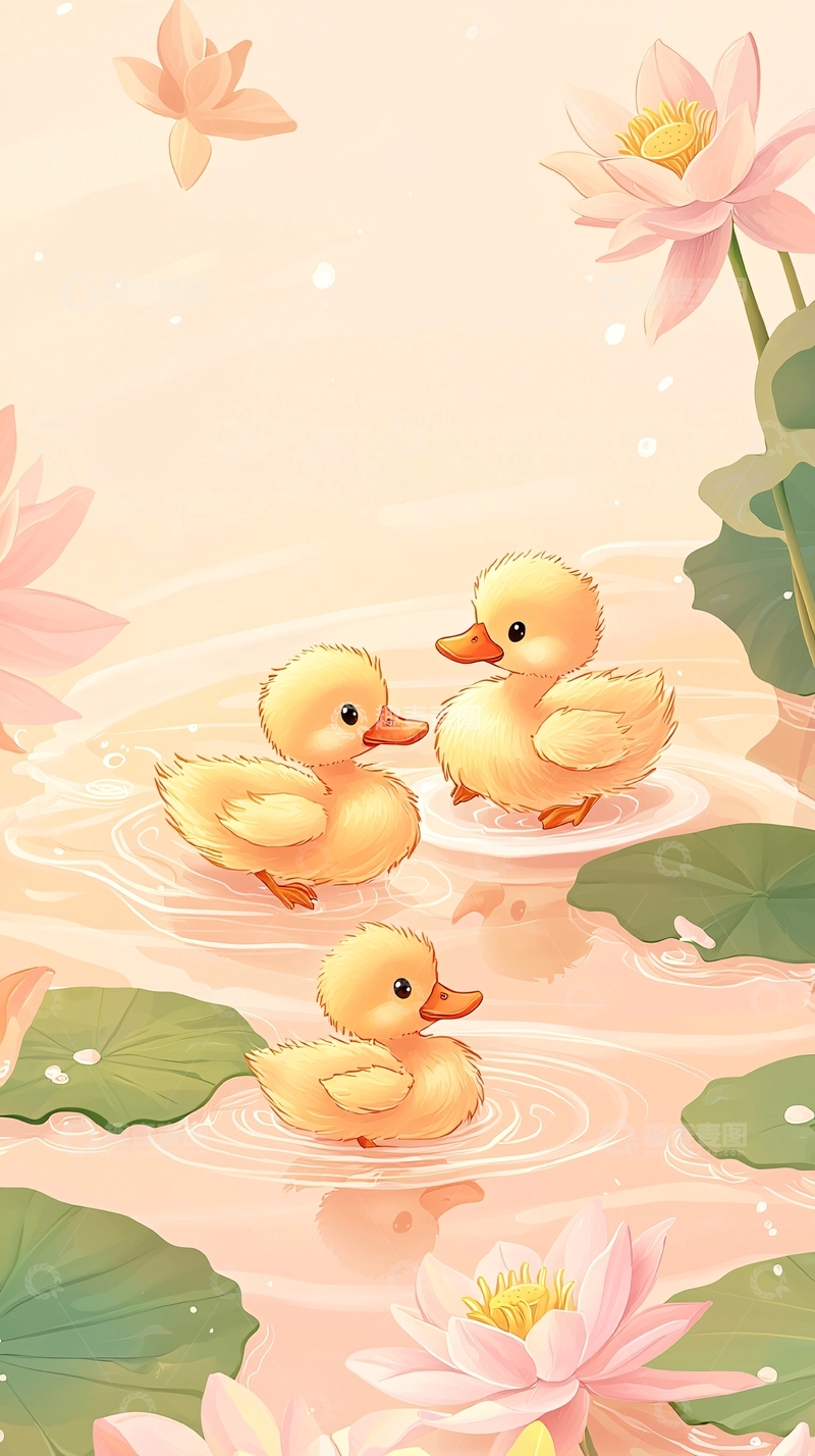 高清大图下载【趣麦麦图】可爱小鸭子荷花池