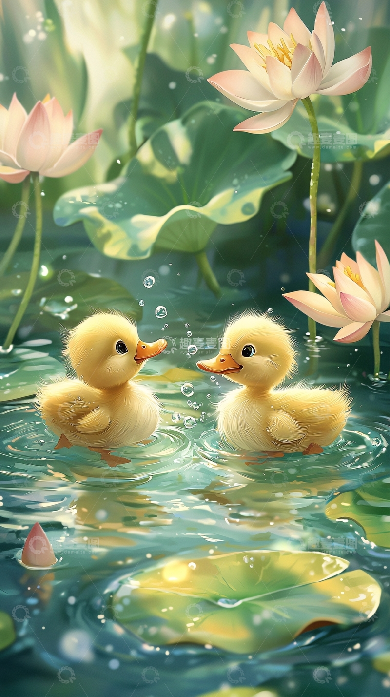 高清大图下载【趣麦麦图】小鸭子在莲花池塘嬉戏