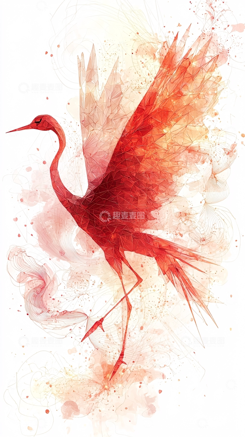 高清大图下载【趣麦麦图】红色仙鹤水彩画