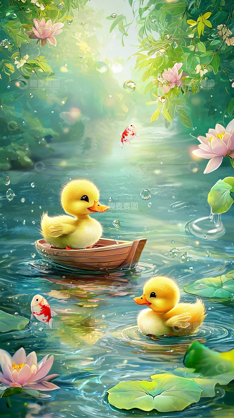高清大图下载【趣麦麦图】小鸭子在荷花池里划船