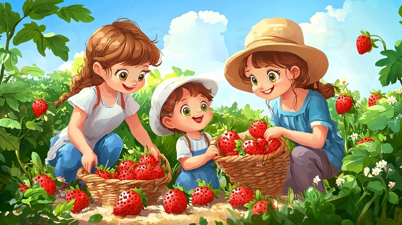 采摘草莓的快乐家庭