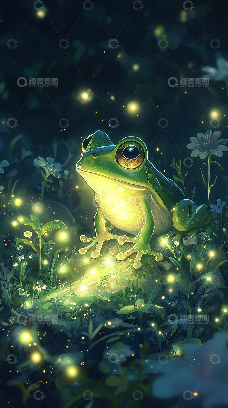 高清大图下载【趣麦麦图】萤火虫围绕青蛙