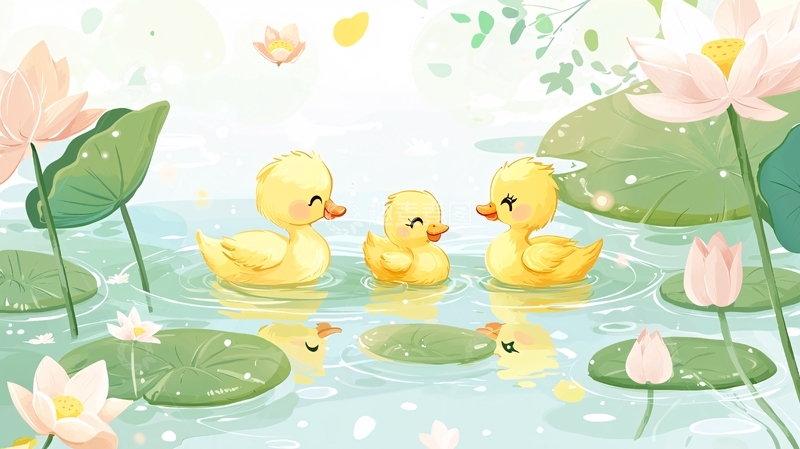 高清大图下载【趣麦麦图】可爱小鸭莲蓬湖泊