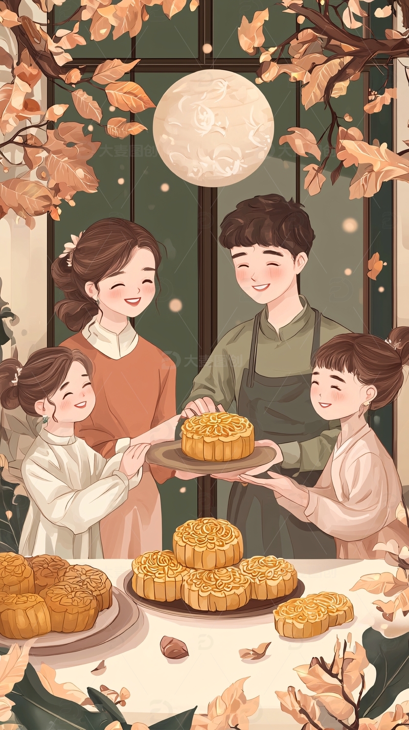 高清大图下载【趣麦麦图】中秋节一家四口赏月