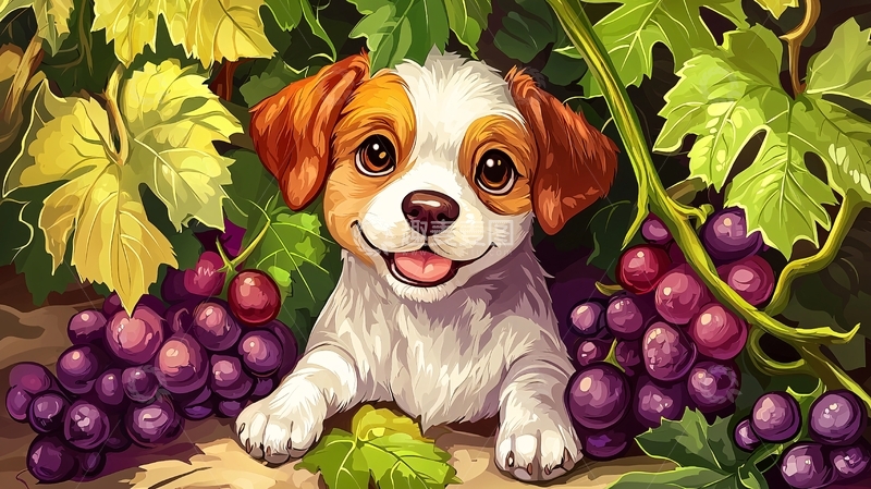 高清大图下载【趣麦麦图】可爱小狗与葡萄