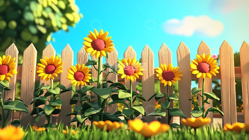 高清大图下载【趣麦麦图】阳光下的向日葵与木栅栏