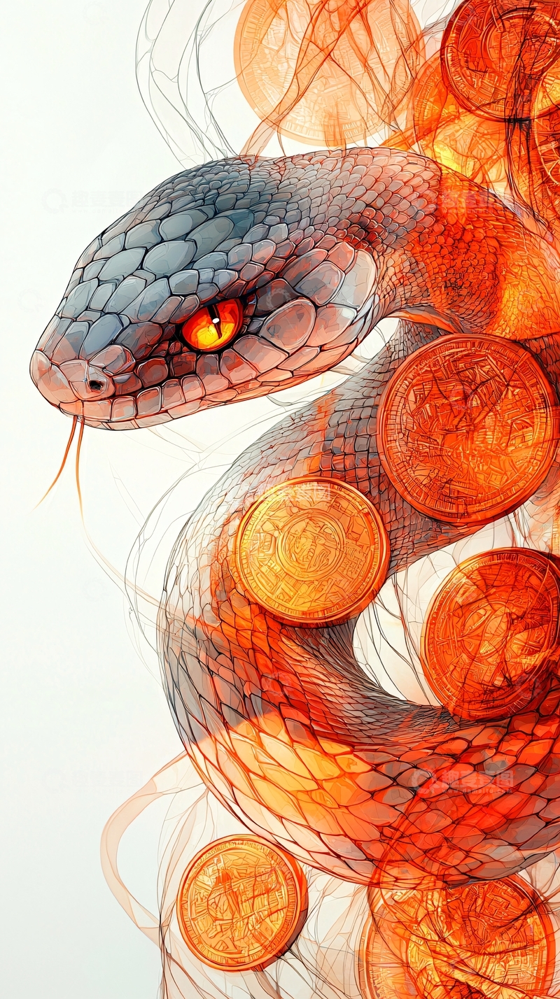 高清大图下载【趣麦麦图】盘绕在金币上的蛇