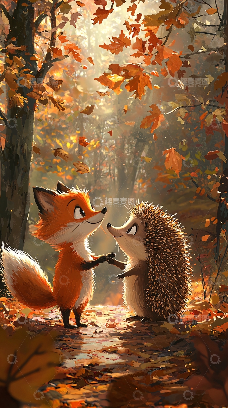 高清大图下载【趣麦麦图】秋日森林里狐狸和刺猬牵手