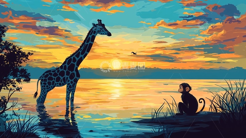 高清大图下载【趣麦麦图】长颈鹿与猴子日落剪影