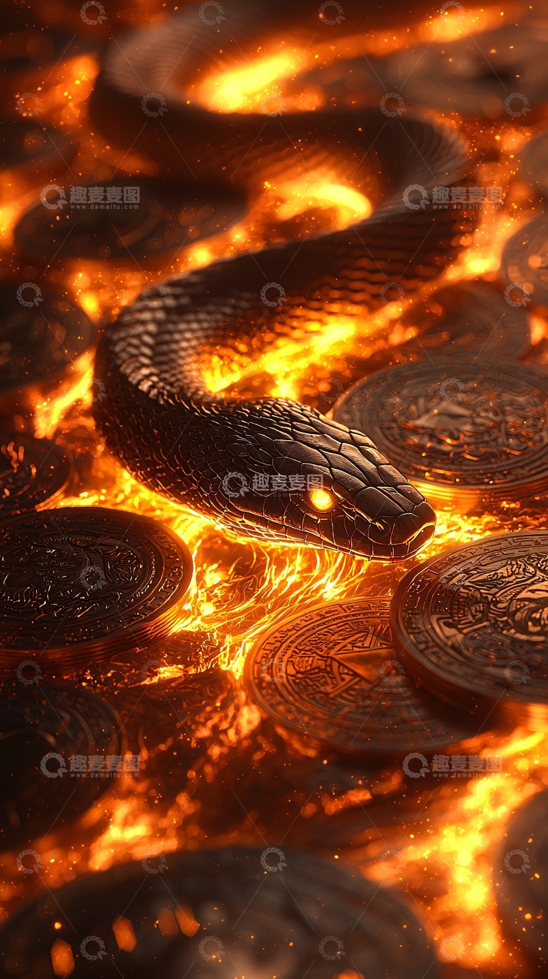 高清大图下载【趣麦麦图】岩浆中的黑蛇与金币