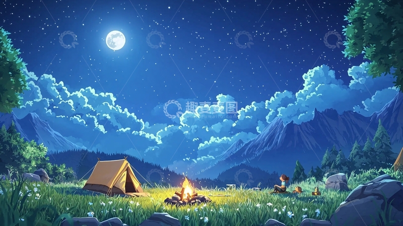 高清大图下载【趣麦麦图】月光下的营地