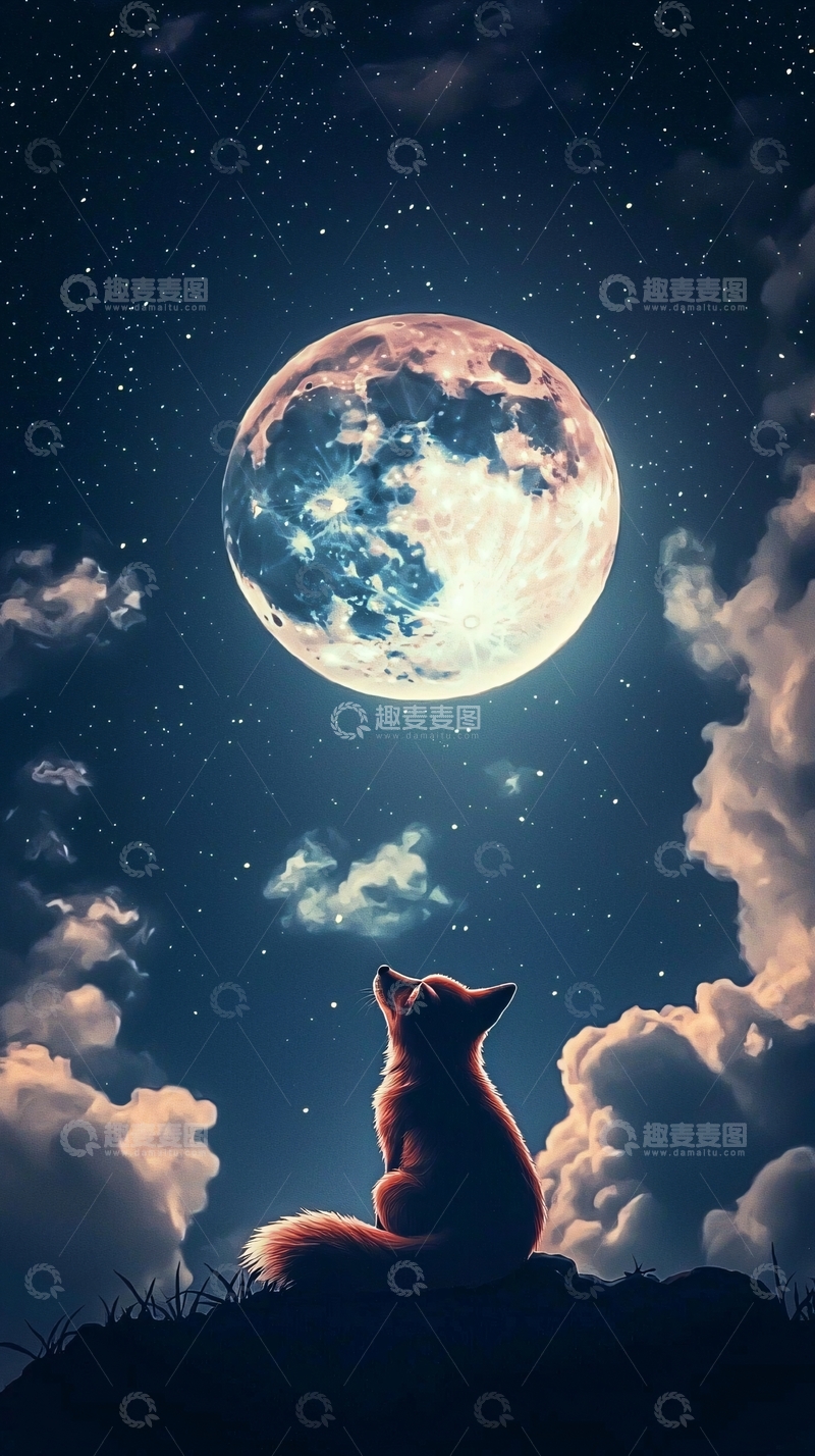 高清大图下载【趣麦麦图】狐狸仰望满月