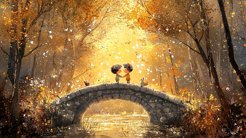 高清大图下载【趣麦麦图】秋天小情侣在桥上亲吻