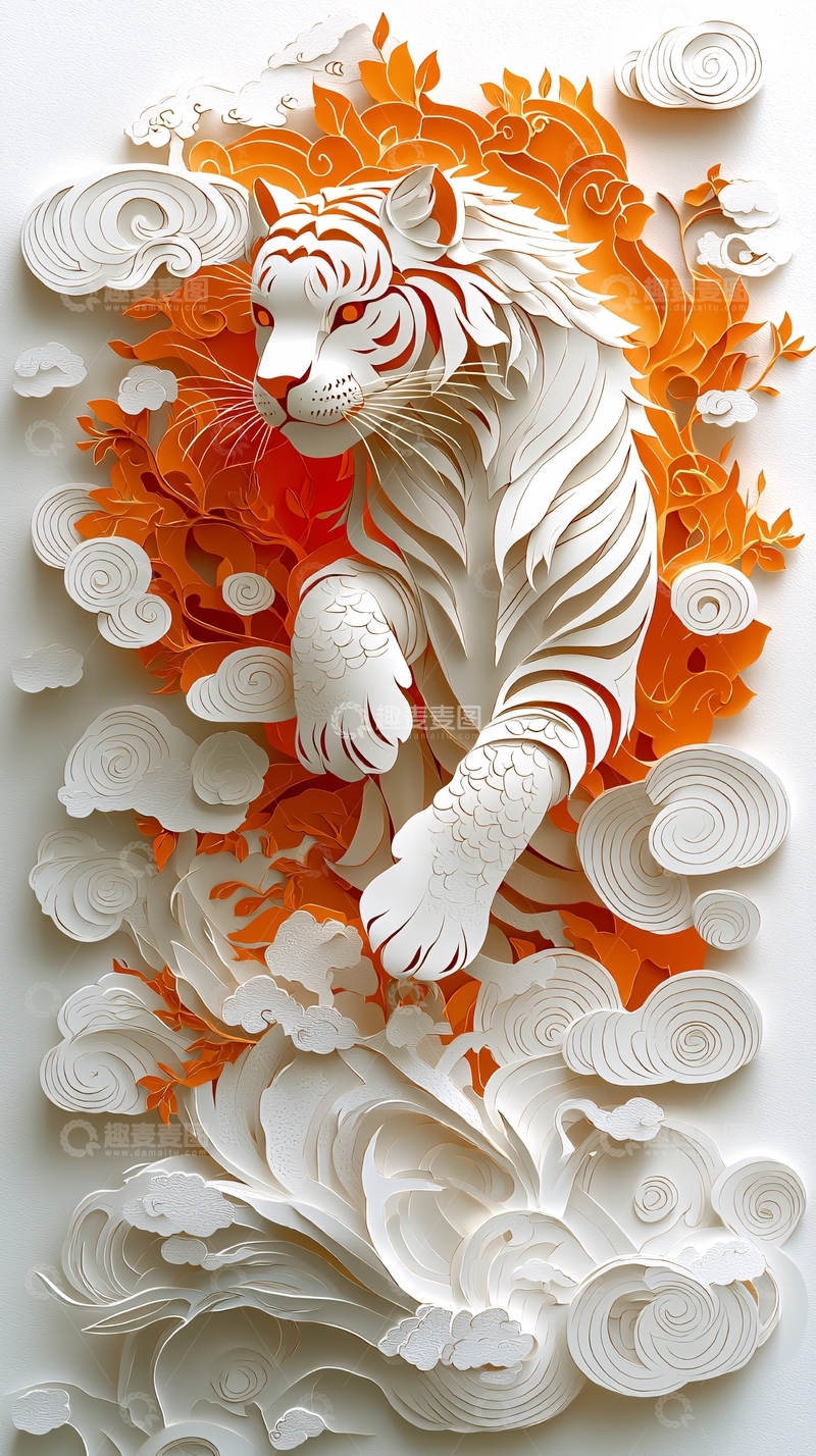 高清大图下载【趣麦麦图】白虎剪纸艺术