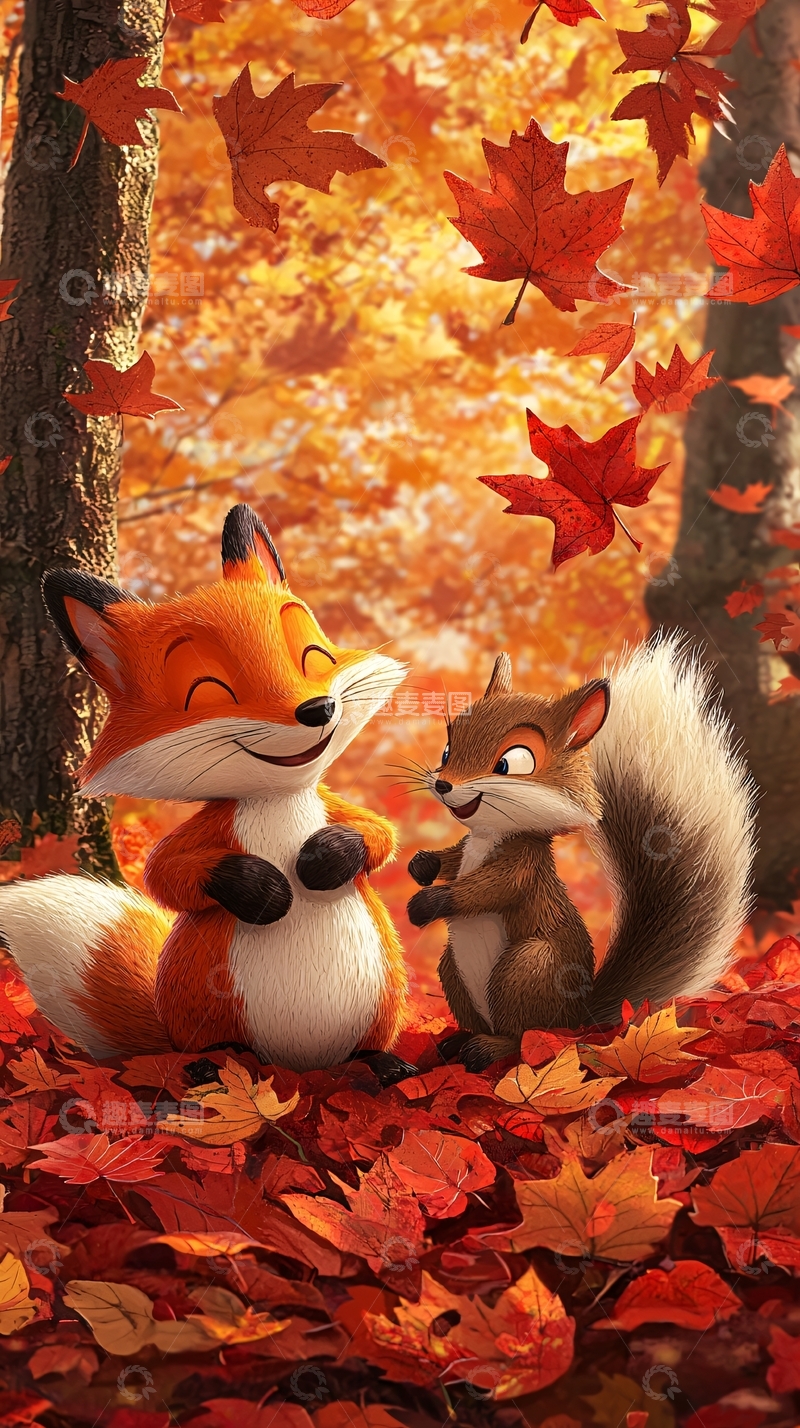 高清大图下载【趣麦麦图】秋天森林狐狸松鼠