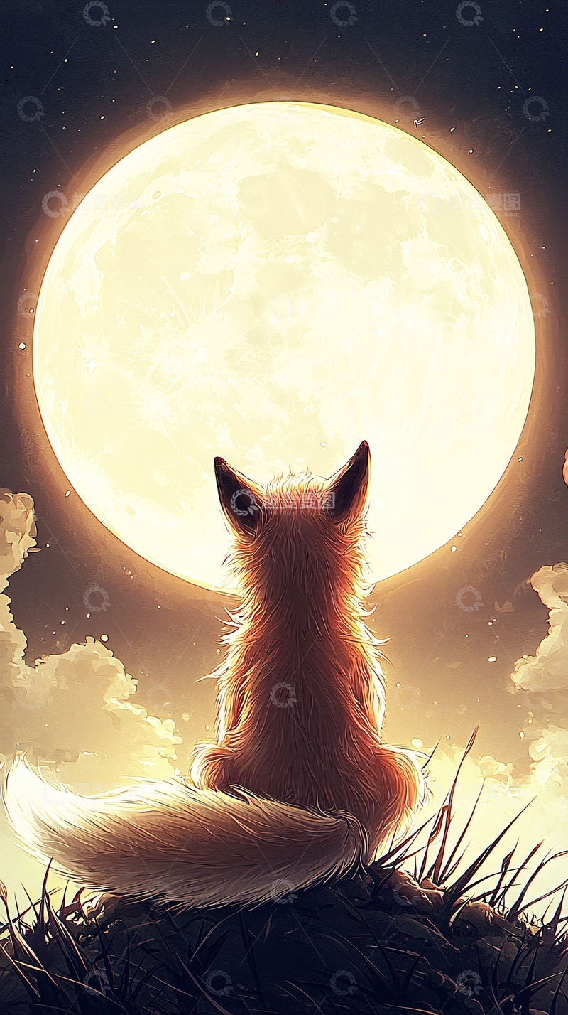 高清大图下载【趣麦麦图】小狐狸仰望满月