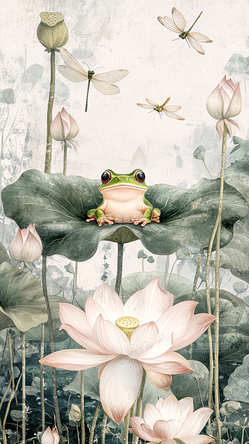 高清大图下载【趣麦麦图】青蛙荷花图