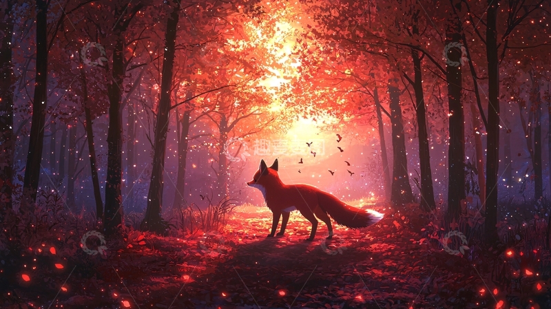 高清大图下载【趣麦麦图】红叶森林里的狐狸