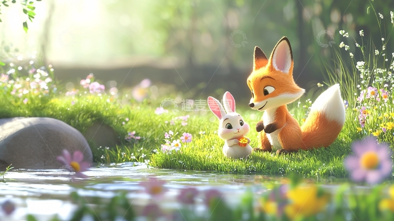高清大图下载【趣麦麦图】森林小溪边狐狸和兔子
