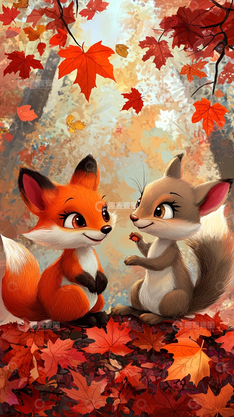 高清大图下载【趣麦麦图】秋日森林里的小狐狸和松鼠