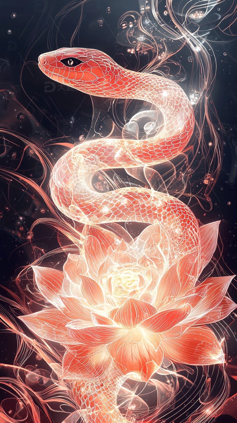 缠绕莲花的红色蛇