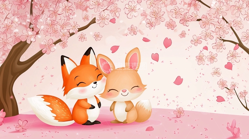 高清大图下载【趣麦麦图】樱花树下狐狸和兔子