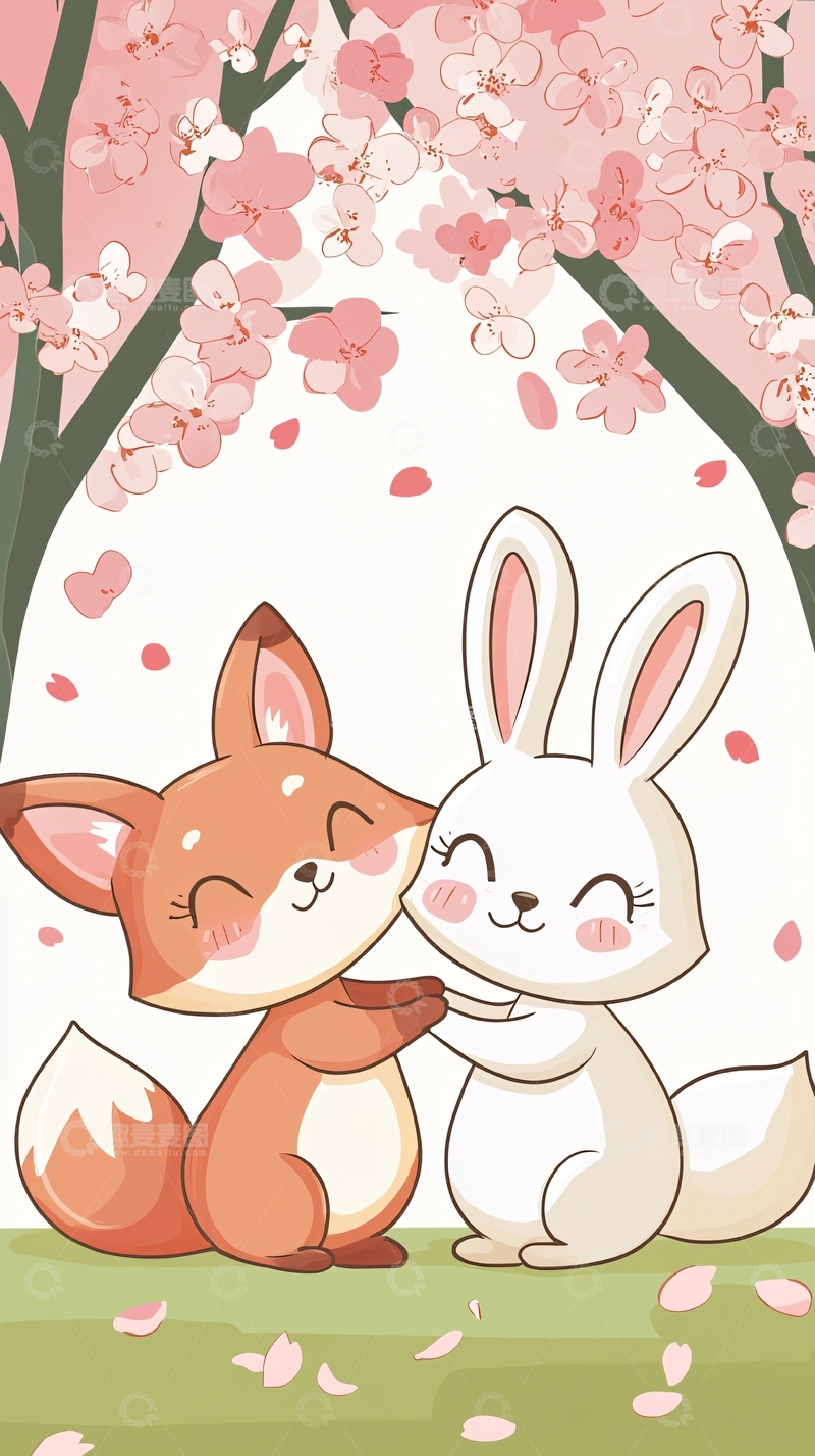 高清大图下载【趣麦麦图】小狐狸和小白兔拥抱樱花树下