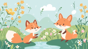 两只小狐狸在花丛溪边玩耍