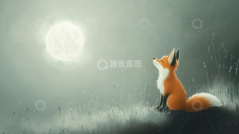 高清大图下载【趣麦麦图】小狐狸仰望圆月