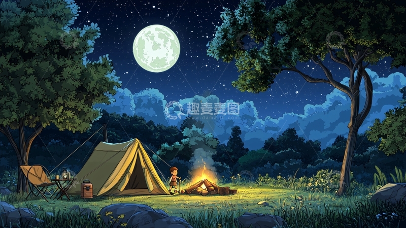 高清大图下载【趣麦麦图】月光下的森林露营
