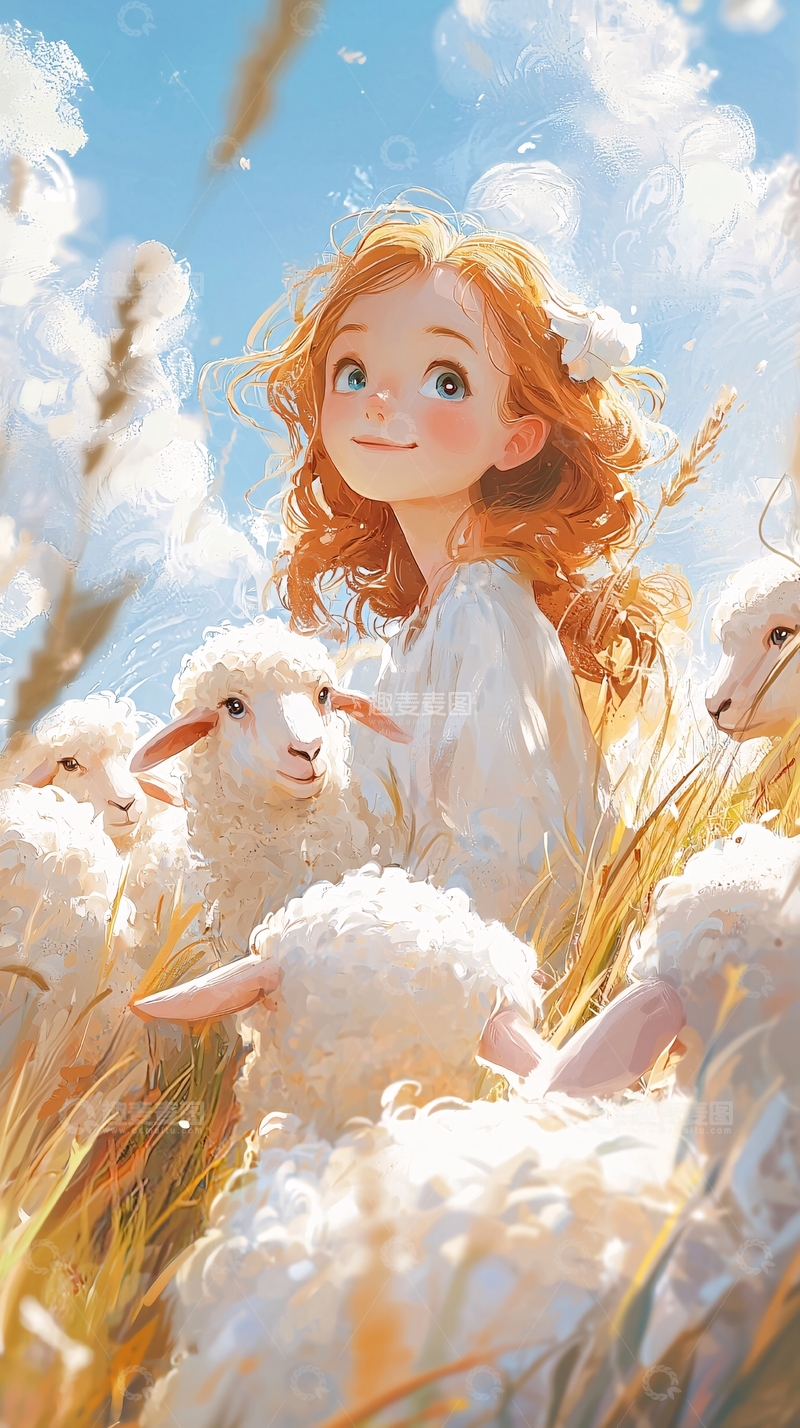 高清大图下载【趣麦麦图】红发女孩与羊群