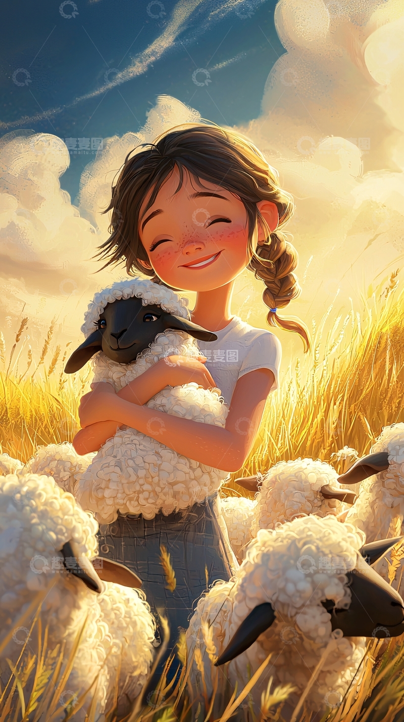 高清大图下载【趣麦麦图】女孩抱着羊羔