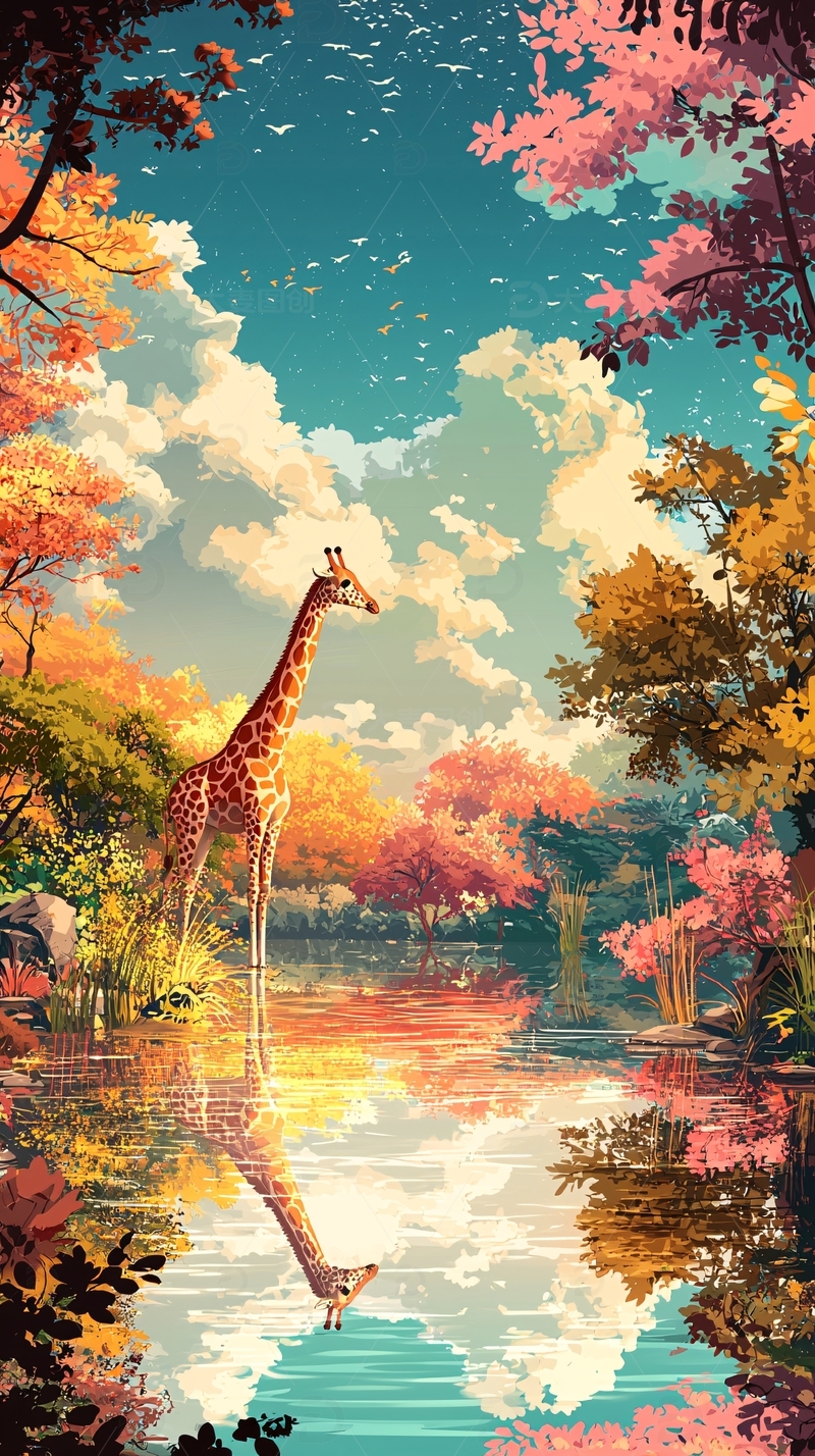 高清大图下载【趣麦麦图】长颈鹿倒影梦幻森林