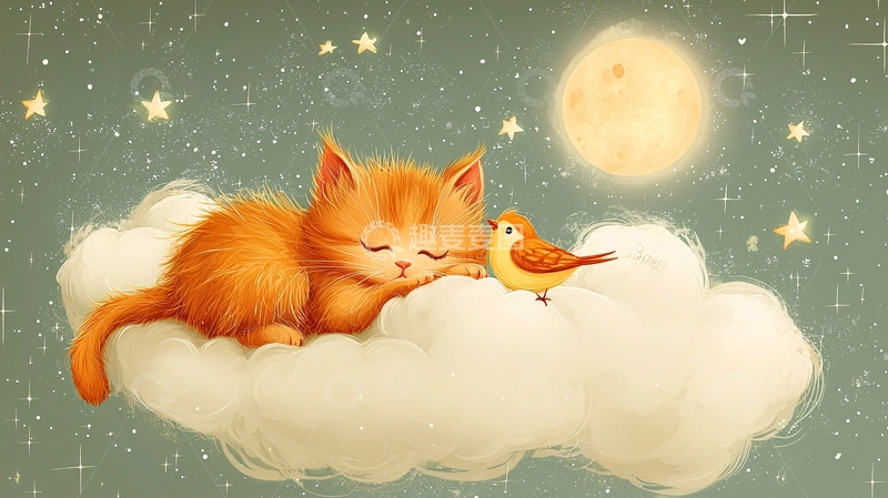 高清大图下载【趣麦麦图】小猫和小鸟睡在云朵上
