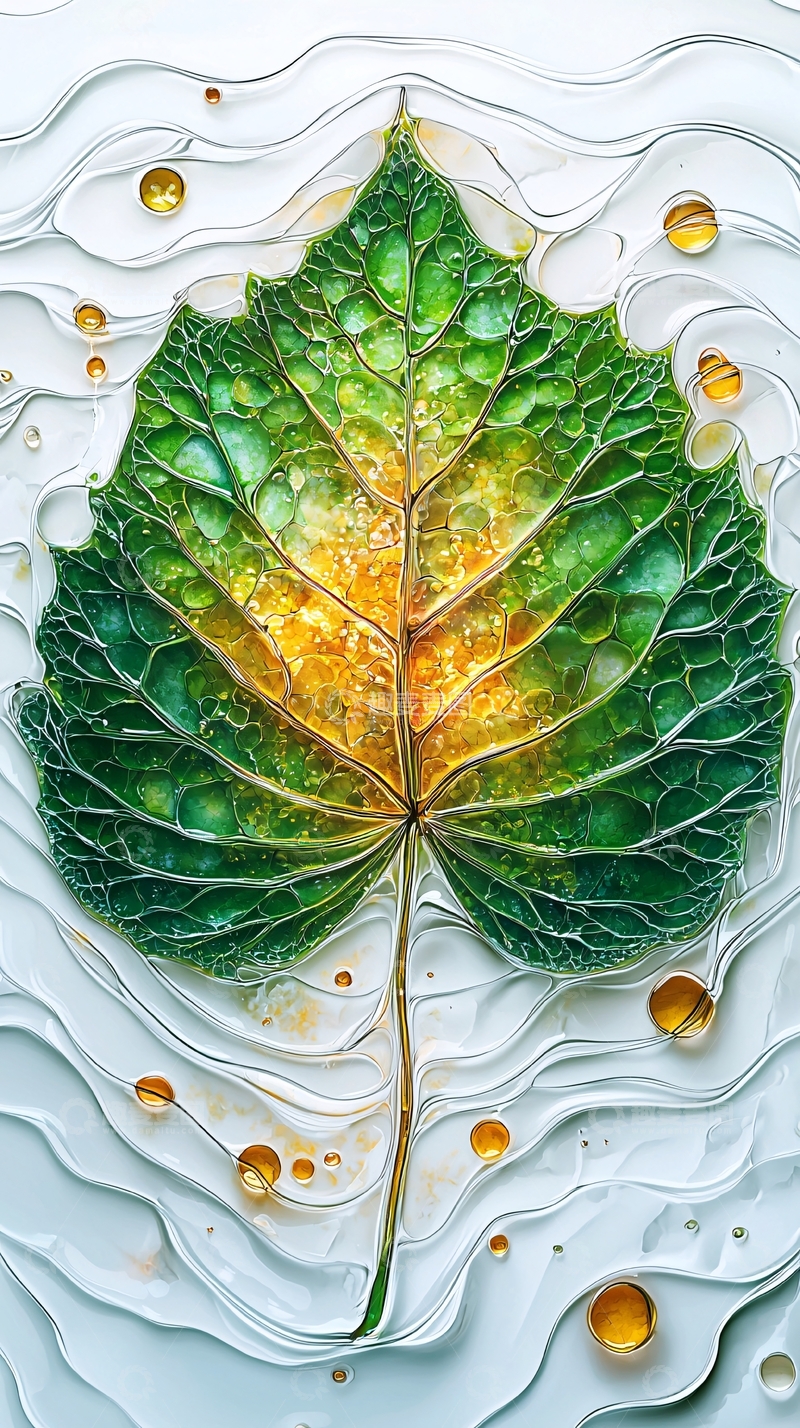 高清大图下载【趣麦麦图】绿色渐变叶片水珠光影