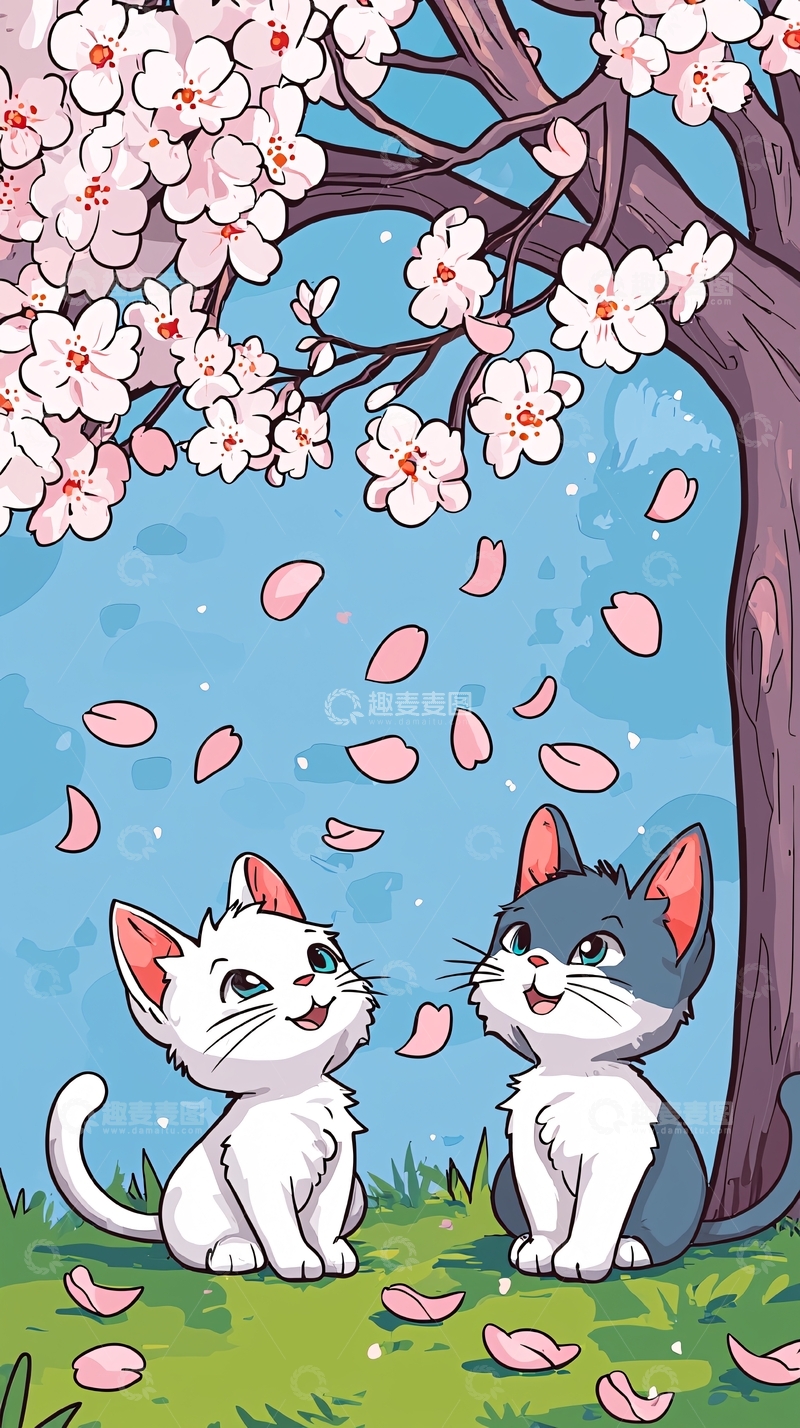 高清大图下载【趣麦麦图】樱花树下两只猫咪