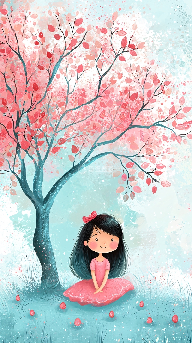 高清大图下载【趣麦麦图】粉色樱花树下女孩