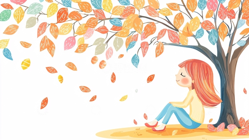 高清大图下载【趣麦麦图】-彩色树叶女孩