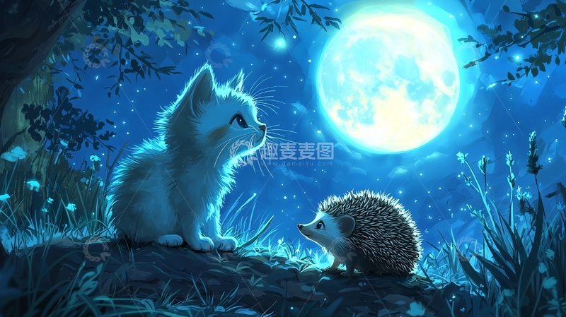 高清大图下载【趣麦麦图】小猫和刺猬看月亮