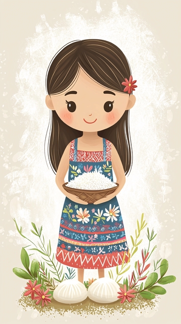 可爱卡通女孩端着米饭