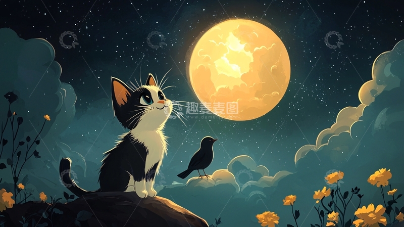 高清大图下载【趣麦麦图】小猫仰望圆月