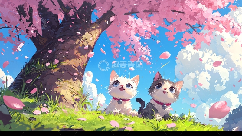 高清大图下载【趣麦麦图】樱花树下两只小猫