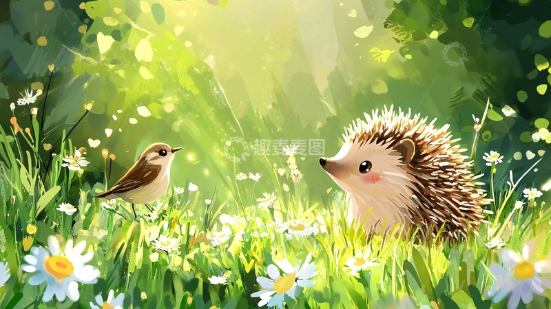 高清大图下载【趣麦麦图】森林小鸟刺猬