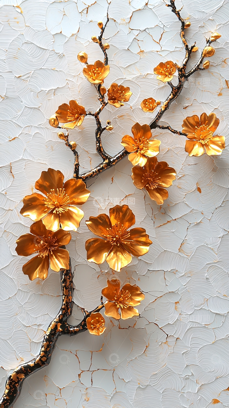 高清大图下载【趣麦麦图】金色花朵和树枝在白色背景上