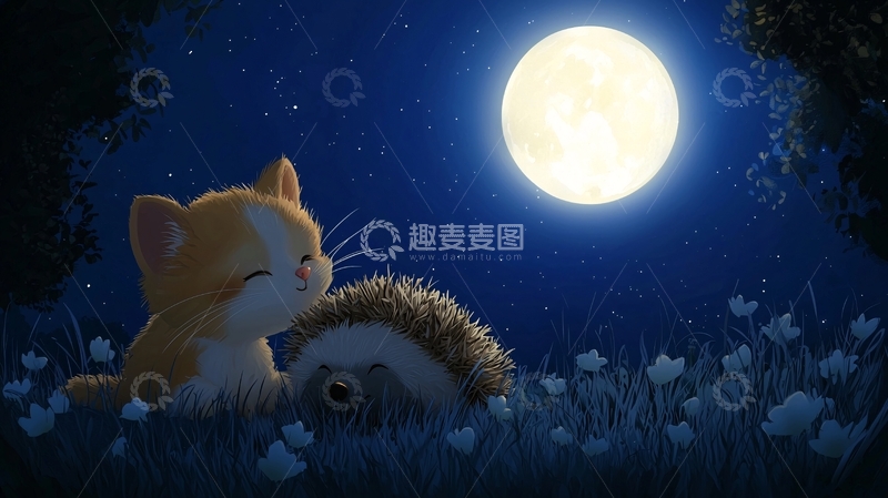 高清大图下载【趣麦麦图】猫咪和小刺猬的月光夜