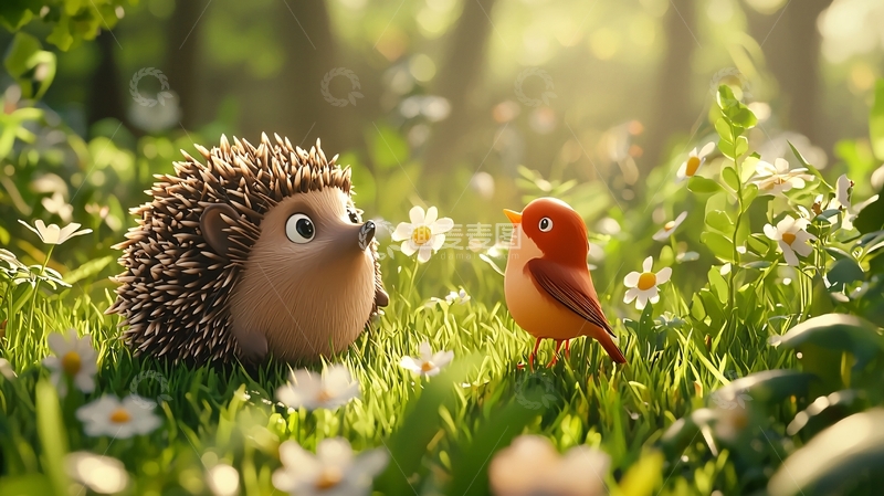 高清大图下载【趣麦麦图】森林里的刺猬和知更鸟