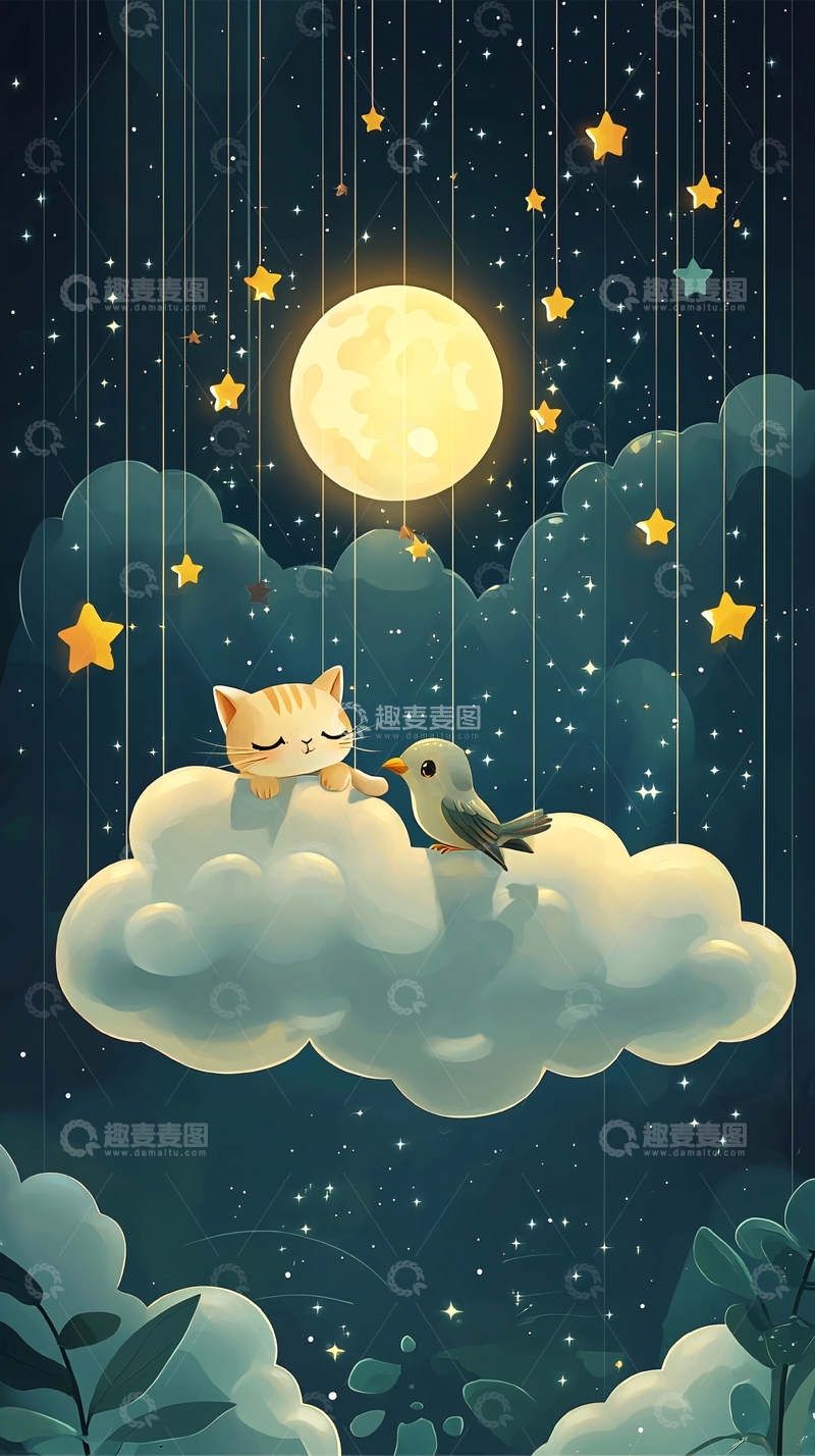 高清大图下载【趣麦麦图】猫咪小鸟月亮云朵