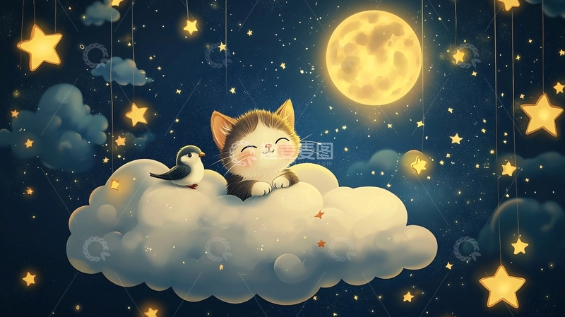 高清大图下载【趣麦麦图】猫咪月亮星空云朵