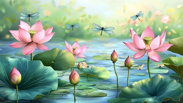 粉色莲花蜻蜓荷叶