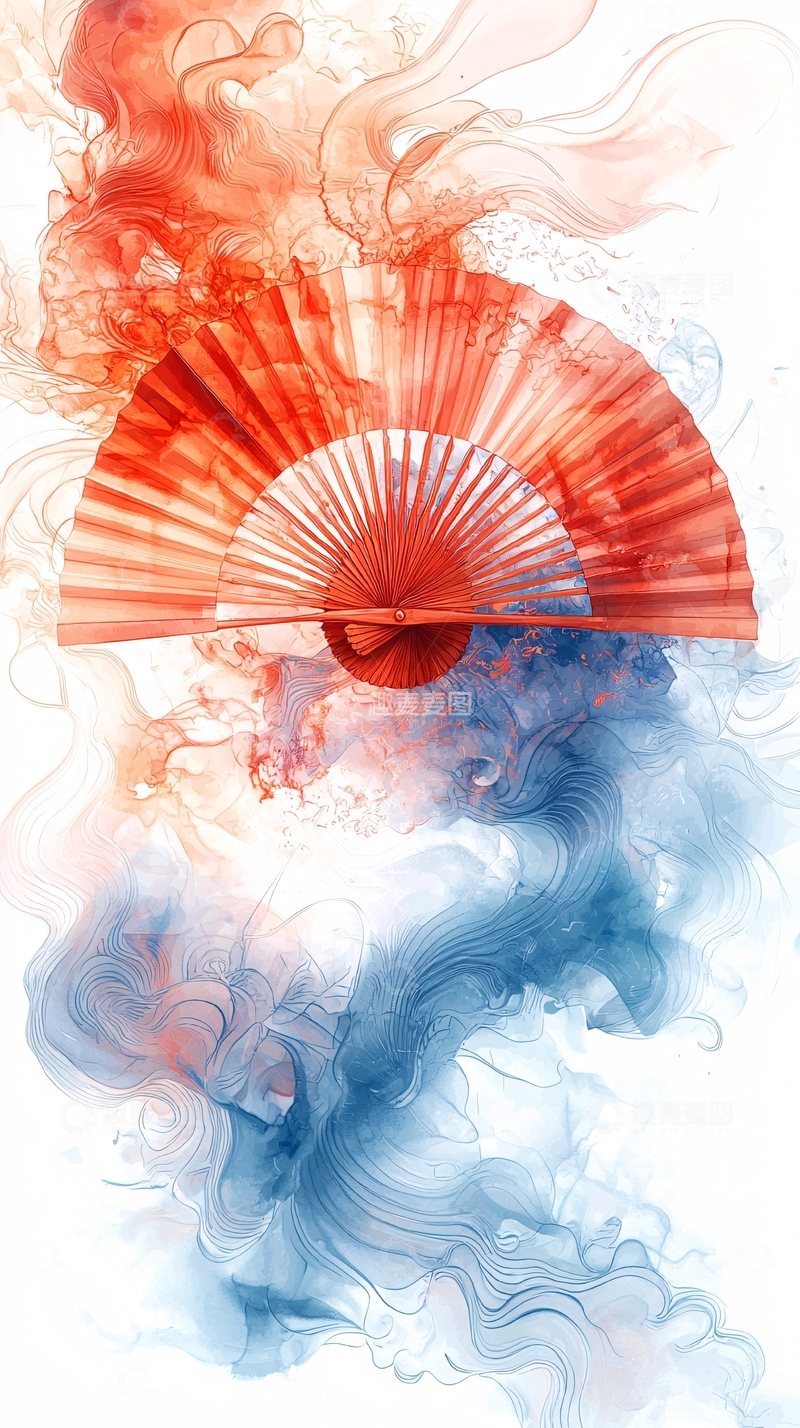高清大图下载【趣麦麦图】红蓝色烟雾中的扇子